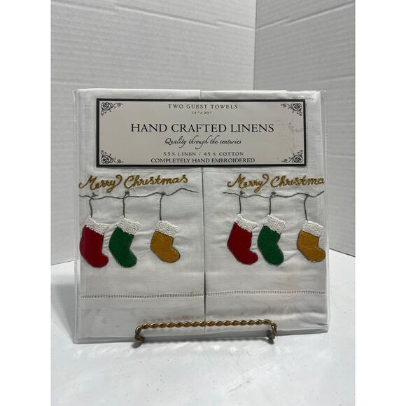 Hand Embroidered Christmas Linen Guest Towels - Picture 2 of 5